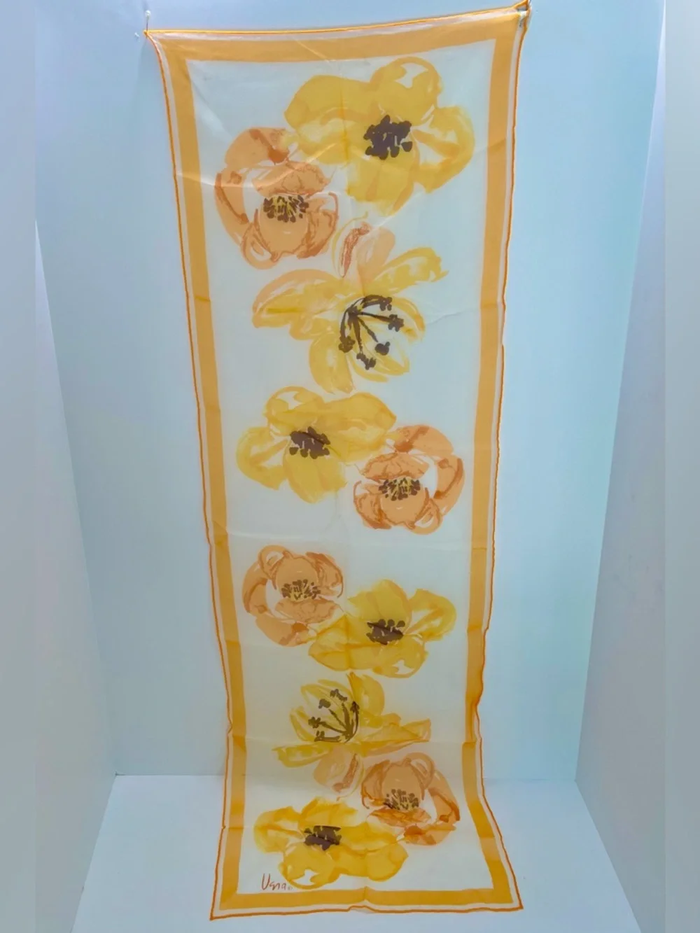 Vintage Vera Neumann Yellows, apricots & touch of brown Sheer scarf 42” x 13”